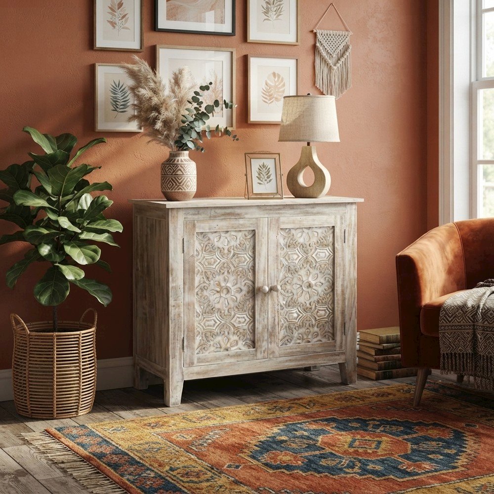 Hand Carved Mango Wood 2-Door Accent Chest and Credenza, Weathered White