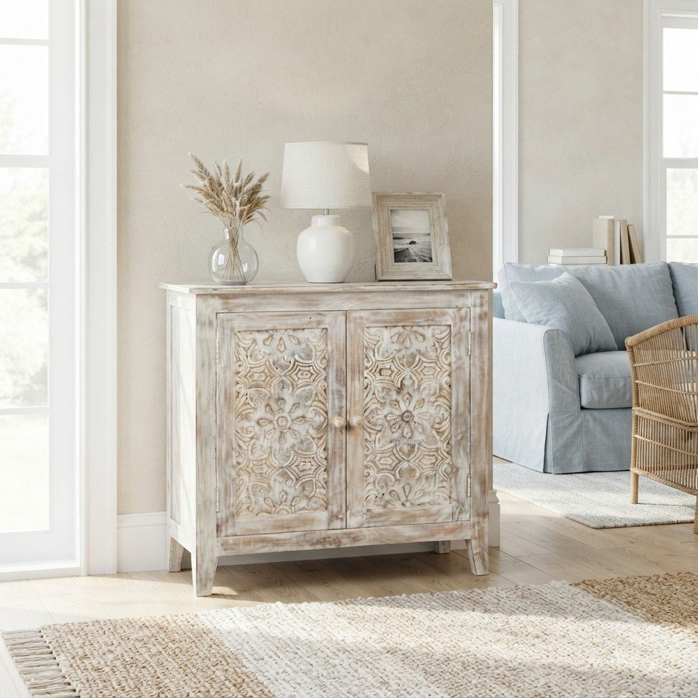 Hand Carved Mango Wood 2-Door Accent Chest and Credenza, Weathered White