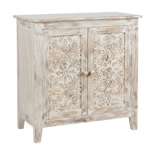 Hand Carved Mango Wood 2-Door Accent Chest and Credenza, Weathered White