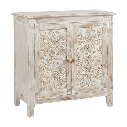 Hand Carved Mango Wood 2-Door Accent Chest and Credenza, Weathered White