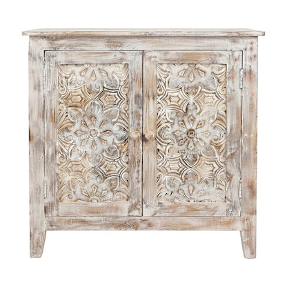 Hand Carved Mango Wood 2-Door Accent Chest and Credenza, Weathered White