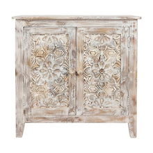 Hand Carved Mango Wood 2-Door Accent Chest and Credenza, Weathered White