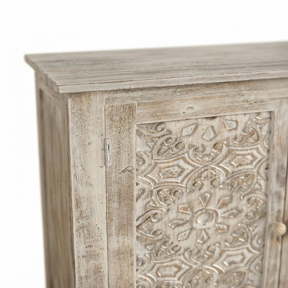 Hand Carved Mango Wood 2-Door Accent Chest and Credenza, Weathered White