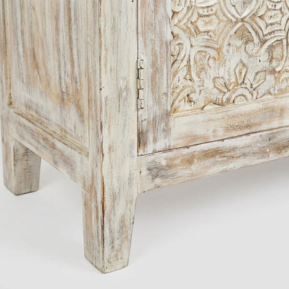 Hand Carved Mango Wood 2-Door Accent Chest and Credenza, Weathered White