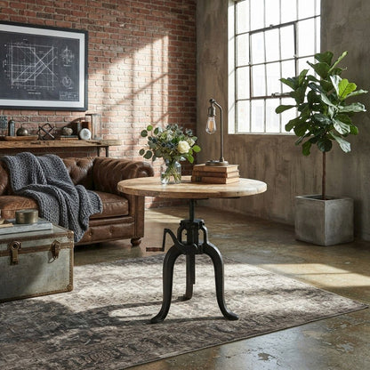 Industrial Mango Wood and Iron Crank Coffee and End Table, Natural and Black