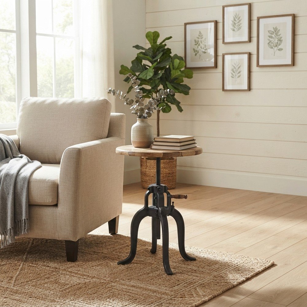Industrial Mango Wood and Iron Crank Coffee and End Table, Natural and Black