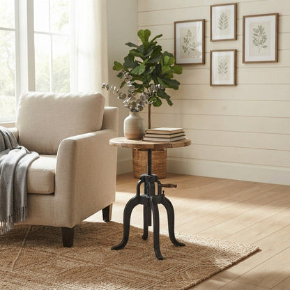 Industrial Mango Wood and Iron Crank Coffee and End Table, Natural and Black