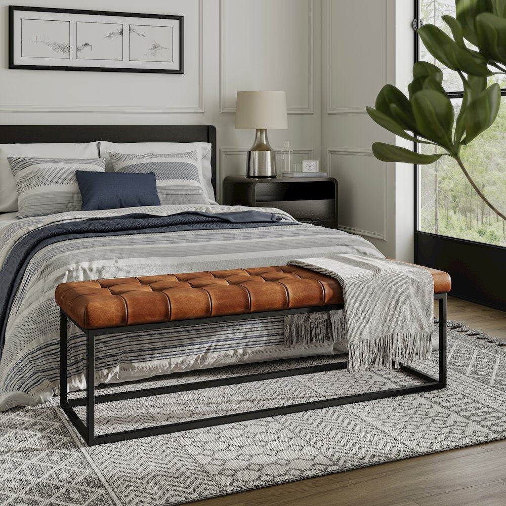 Global Archive 55" Genuine Distressed Leather Ottoman Bench