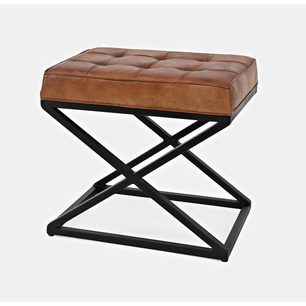 Distressed Brown Genuine Leather Ottoman Stool with Metal and MDF Base