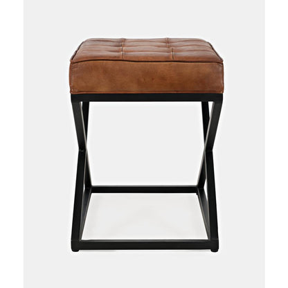 Distressed Brown Genuine Leather Ottoman Stool with Metal and MDF Base