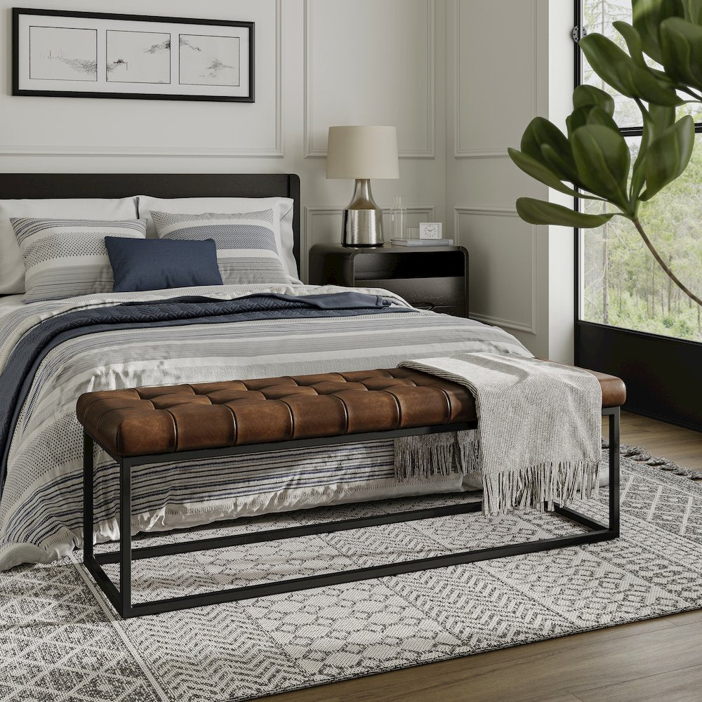 Global Archive 55" Genuine Distressed Leather Ottoman Bench