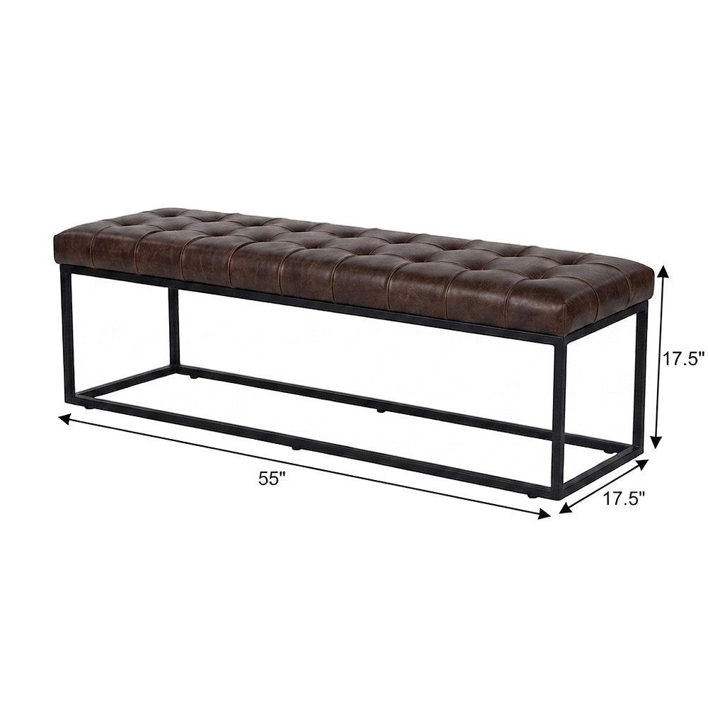 Genuine Distressed Leather Ottoman Bench, Upholstered Bedroom Bench, Dark Sienna
