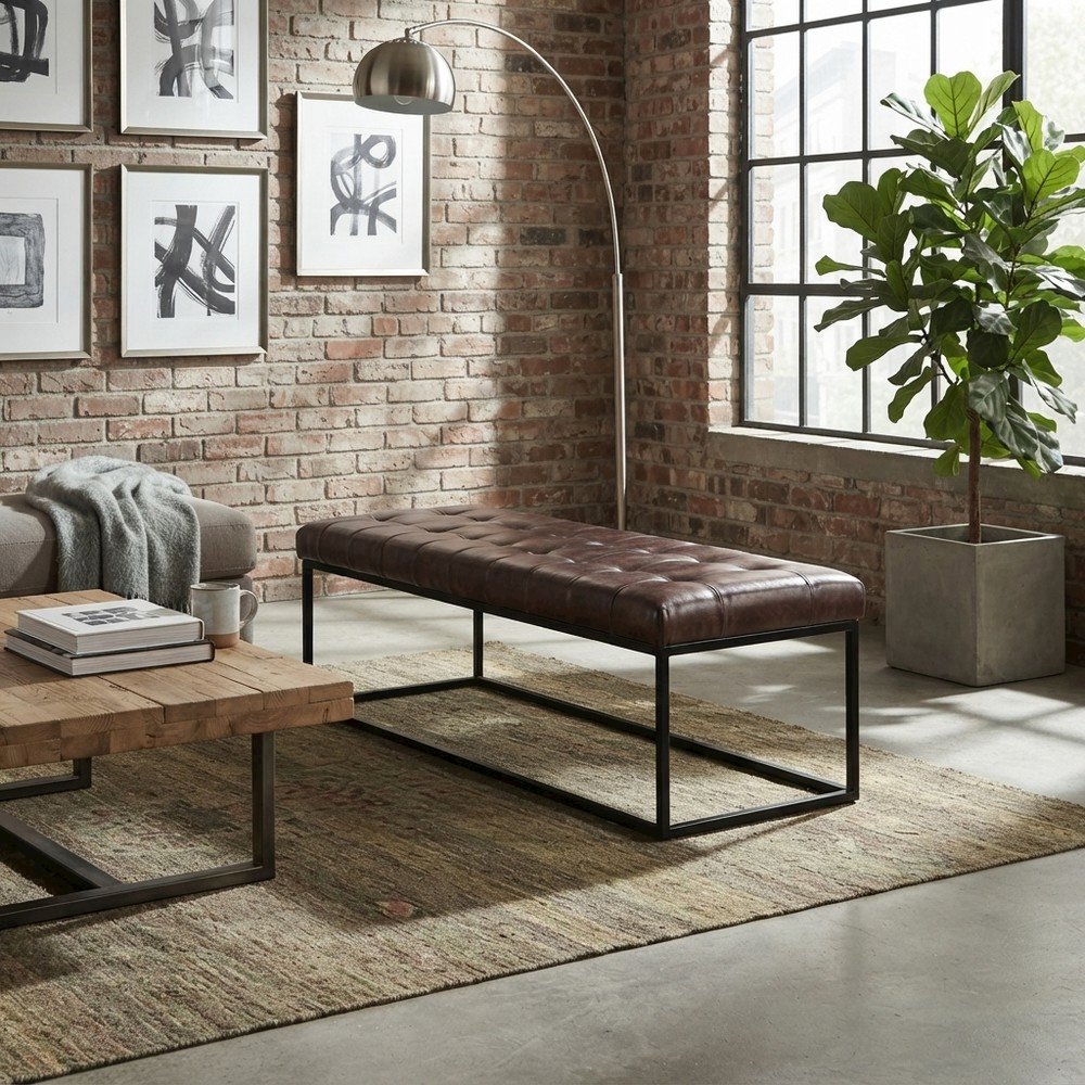 Genuine Distressed Leather Ottoman Bench, Upholstered Bedroom Bench, Dark Sienna