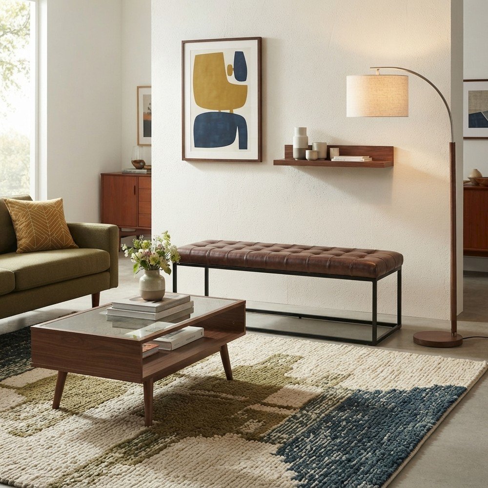 Genuine Distressed Leather Ottoman Bench, Upholstered Bedroom Bench, Dark Sienna