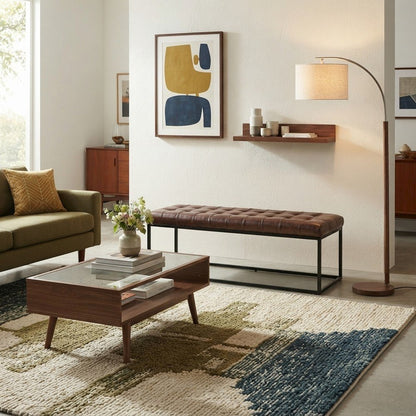 Genuine Distressed Leather Ottoman Bench, Upholstered Bedroom Bench, Dark Sienna