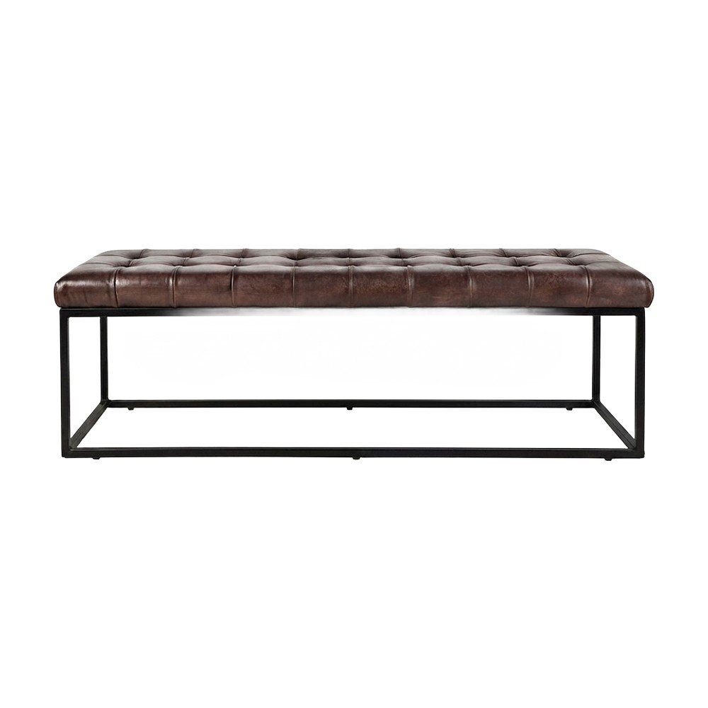 Genuine Distressed Leather Ottoman Bench, Upholstered Bedroom Bench, Dark Sienna