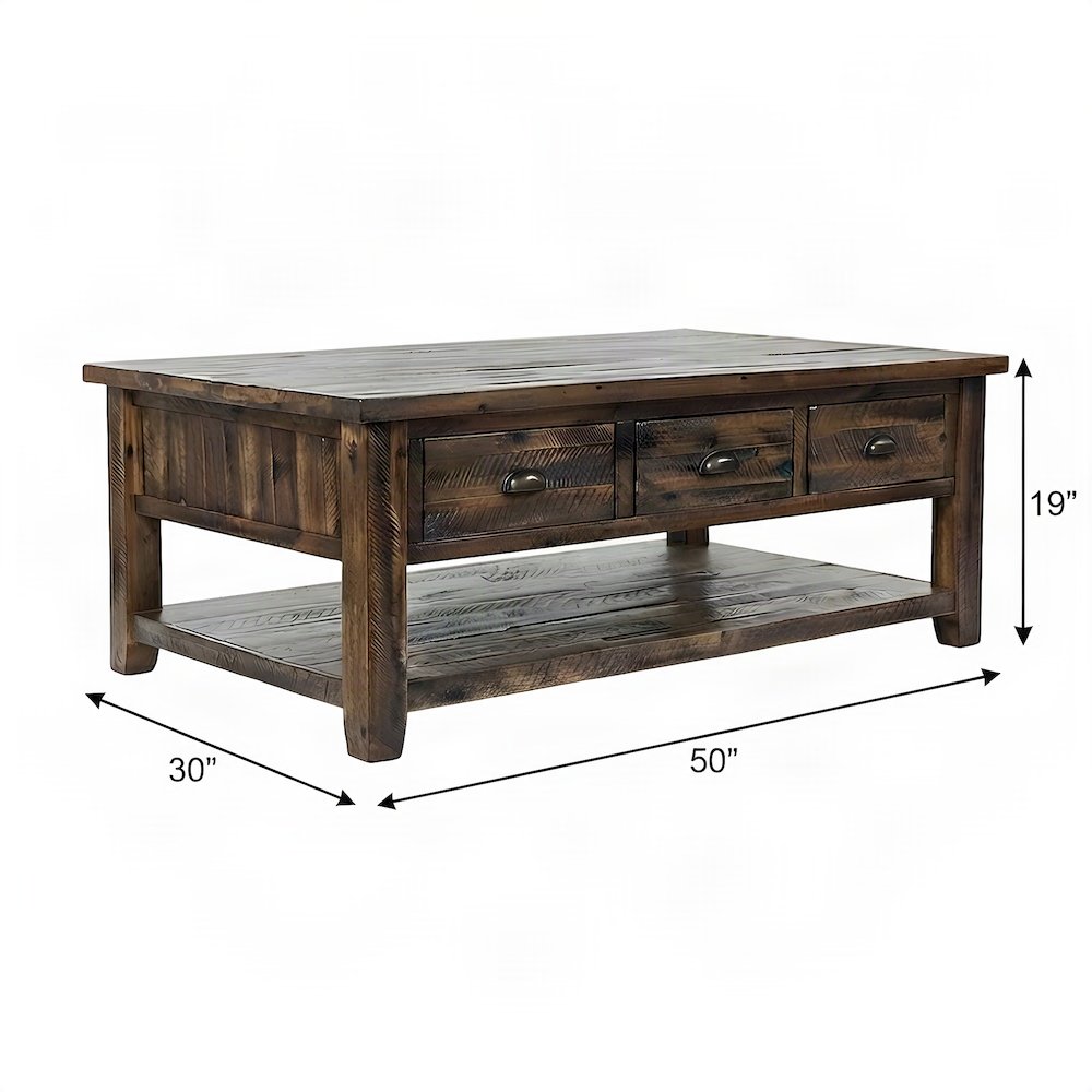 Solid Wood Coffee Table with Distressed Top and 3 Drawers, Rustic, Brown