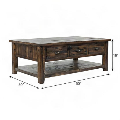 Solid Wood Coffee Table with Distressed Top and 3 Drawers, Rustic, Brown