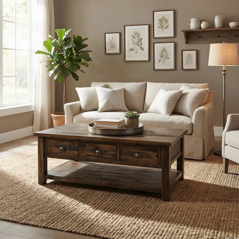 Solid Wood Coffee Table with Distressed Top and 3 Drawers, Rustic, Brown