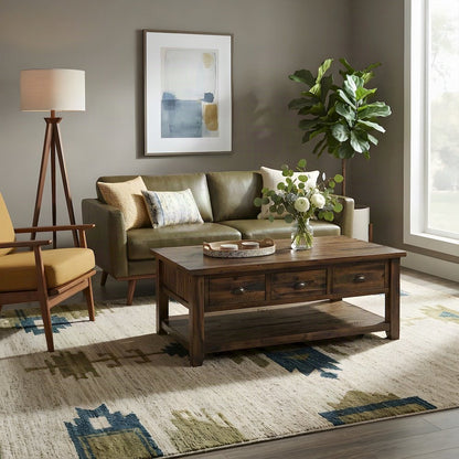 Solid Wood Coffee Table with Distressed Top and 3 Drawers, Rustic, Brown