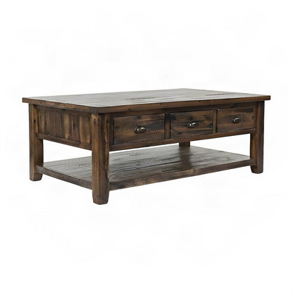 Solid Wood Coffee Table with Distressed Top and 3 Drawers, Rustic, Brown