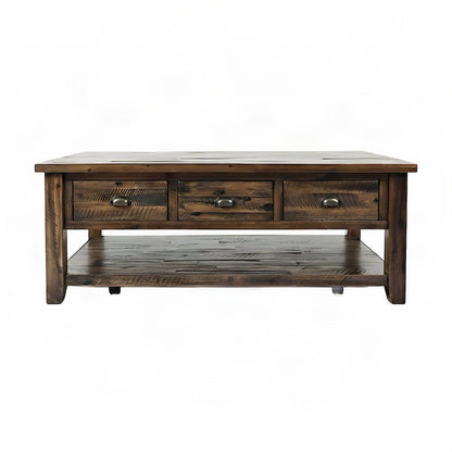 Solid Wood Coffee Table with Distressed Top and 3 Drawers, Rustic, Brown