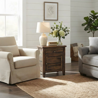 Rustic Farmhouse Solid Wood Small End Table with Door and Drawer, Dakota Oak