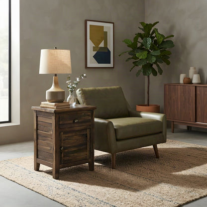 Rustic Farmhouse Solid Wood Small End Table with Door and Drawer, Dakota Oak