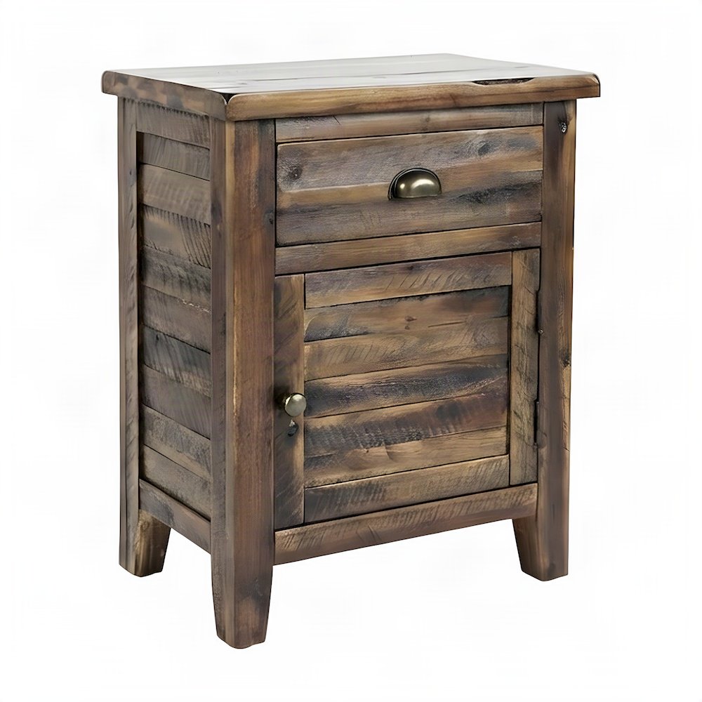 Rustic Farmhouse Solid Wood Small End Table with Door and Drawer, Dakota Oak