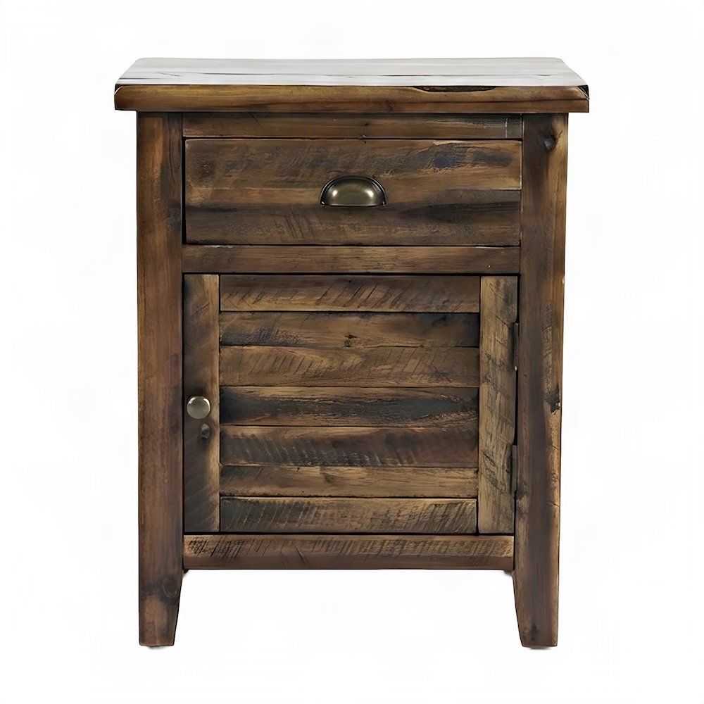 Rustic Farmhouse Solid Wood Small End Table with Door and Drawer, Dakota Oak