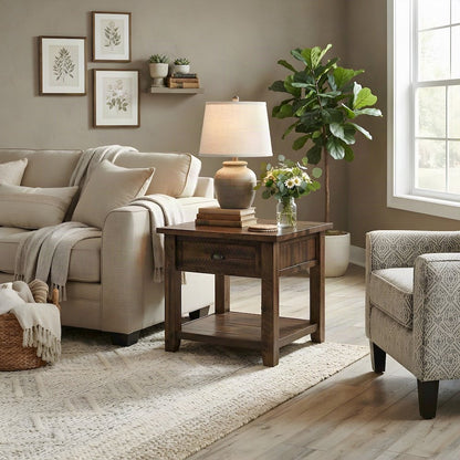 Rustic Farmhouse Distressed Solid Acacia Wood End Table with Drawer, Brown