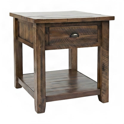 Rustic Farmhouse Distressed Solid Acacia Wood End Table with Drawer, Brown