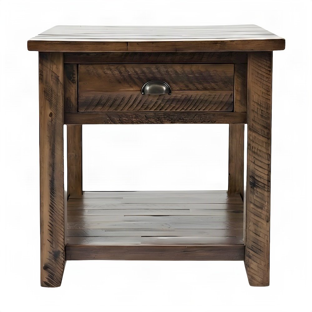 Rustic Farmhouse Distressed Solid Acacia Wood End Table with Drawer, Brown