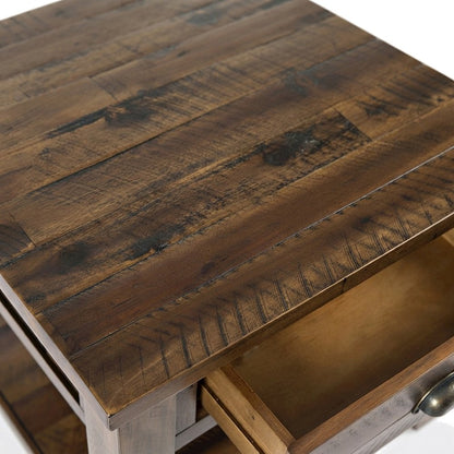 Rustic Farmhouse Distressed Solid Acacia Wood End Table with Drawer, Brown