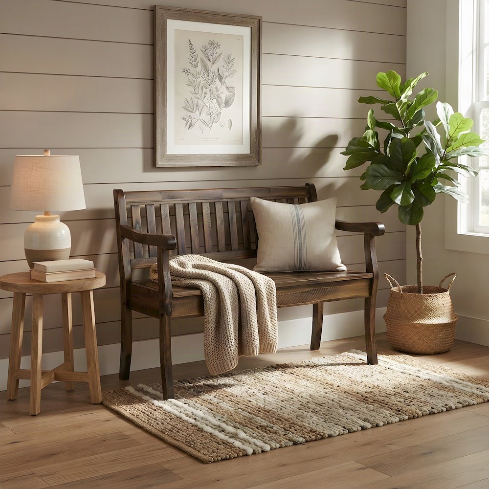 Acacia Wood Storage Bench with Distressed Rustic Farmhouse Lid, Dakota Oak