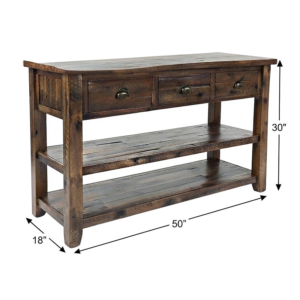 Distressed Solid Wood Farmhouse Sofa and Console Table, 3 Drawers, Dakota Oak