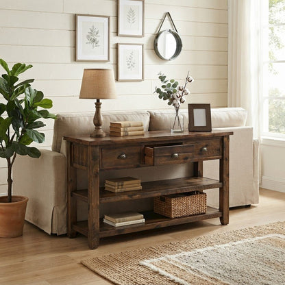 Distressed Solid Wood Farmhouse Sofa and Console Table, 3 Drawers, Dakota Oak