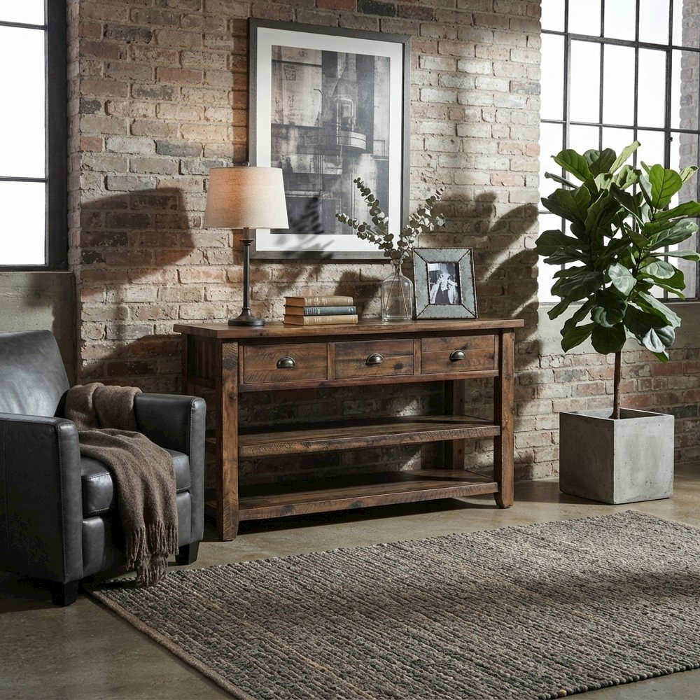 Distressed Solid Wood Farmhouse Sofa and Console Table, 3 Drawers, Dakota Oak
