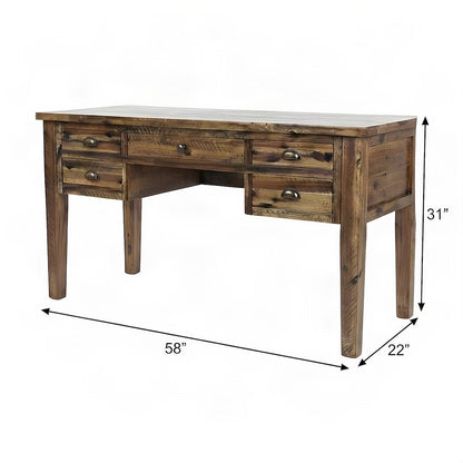 Acacia Wood Computer Desk with 5 Drawers, Distressed Farmhouse, Brown