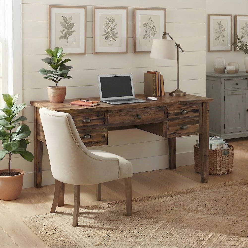Acacia Wood Computer Desk with 5 Drawers, Distressed Farmhouse, Brown