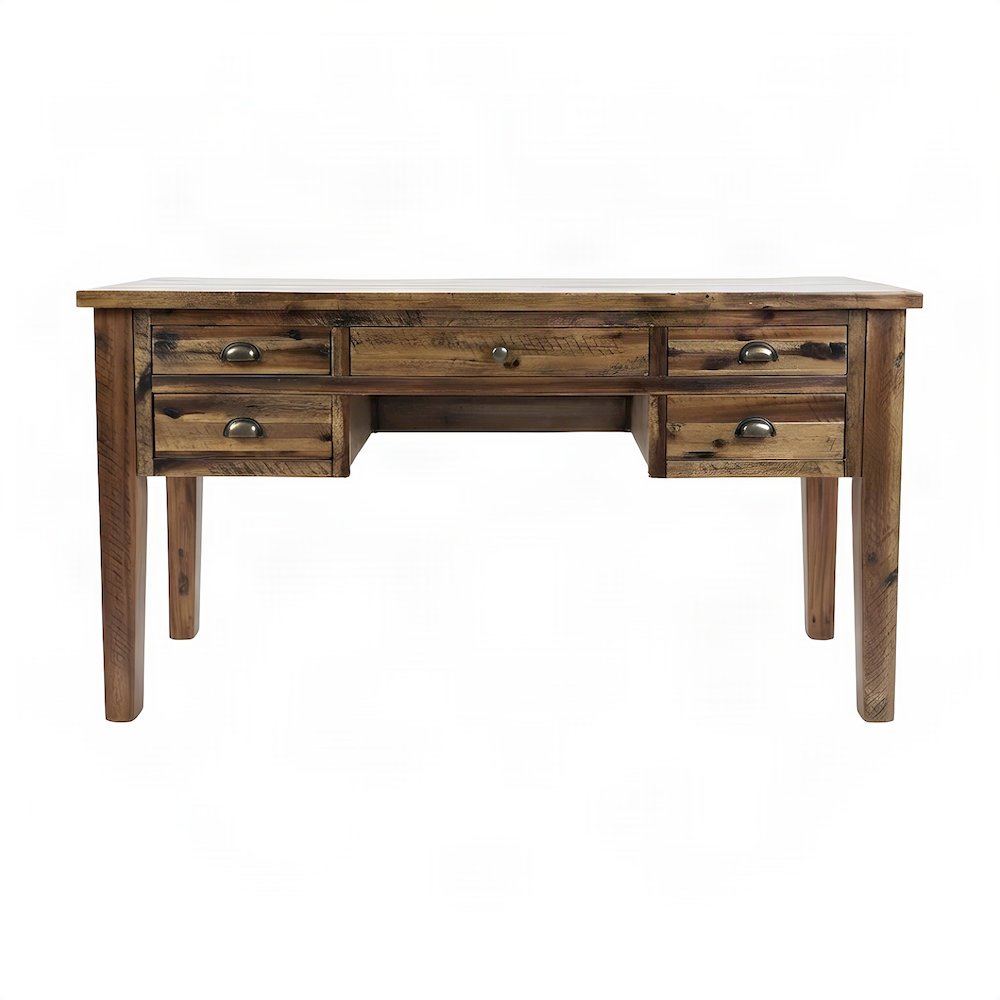 Acacia Wood Computer Desk with 5 Drawers, Distressed Farmhouse, Brown