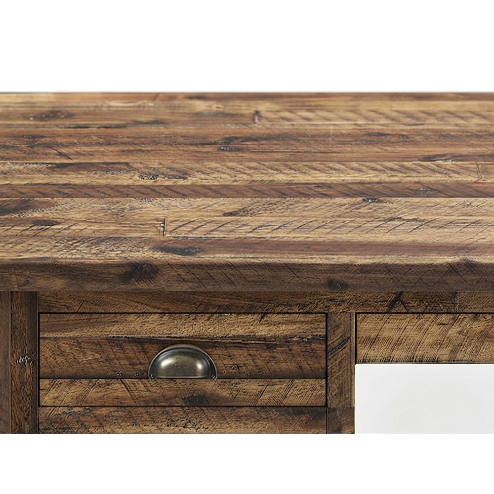 Acacia Wood Computer Desk with 5 Drawers, Distressed Farmhouse, Brown