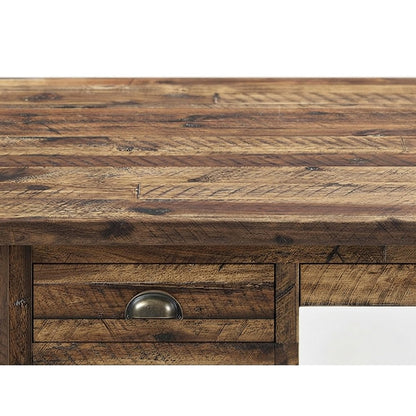 Acacia Wood Computer Desk with 5 Drawers, Distressed Farmhouse, Brown
