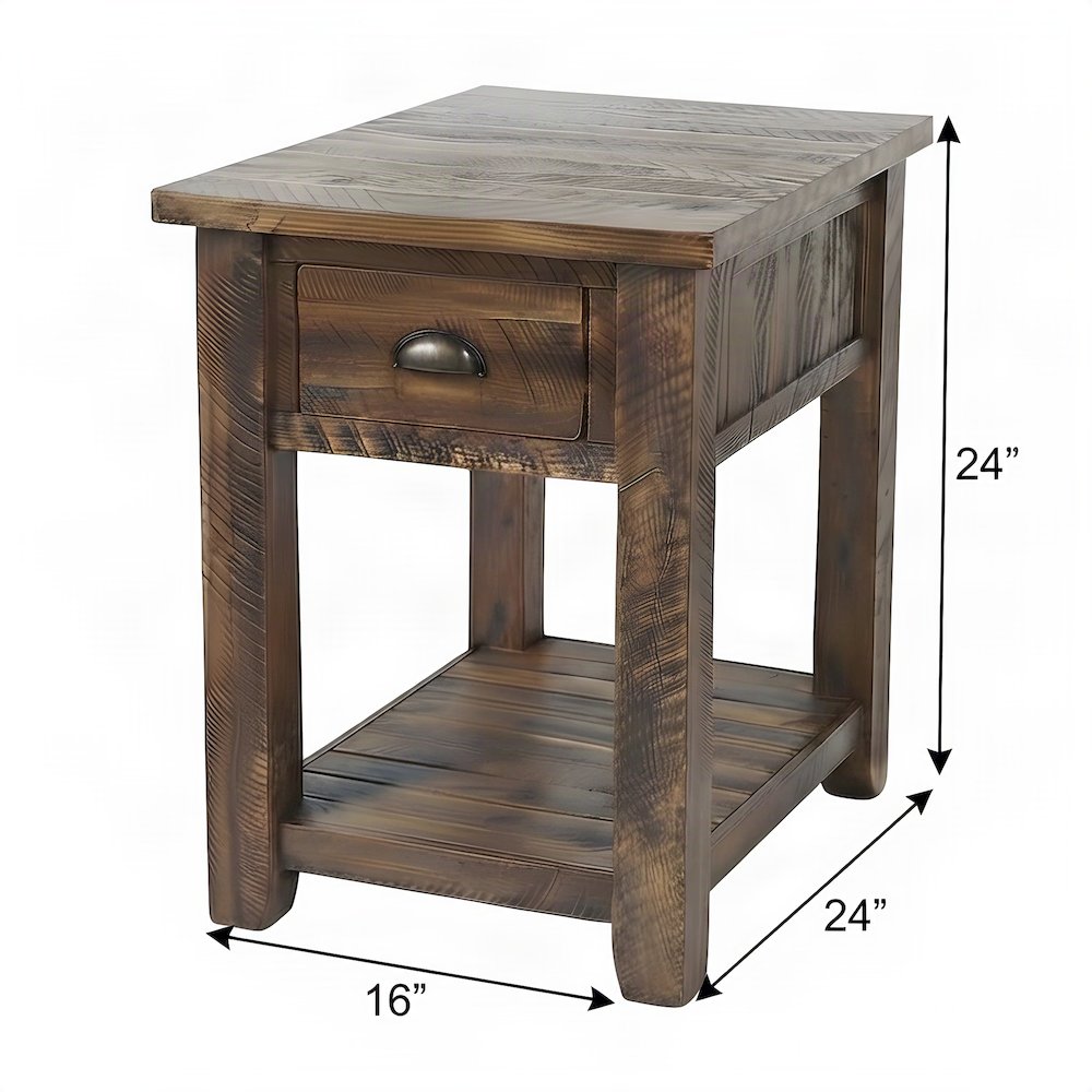 Solid Acacia Wood Distressed Farmhouse Chairside Table with Drawer, Dakota Oak