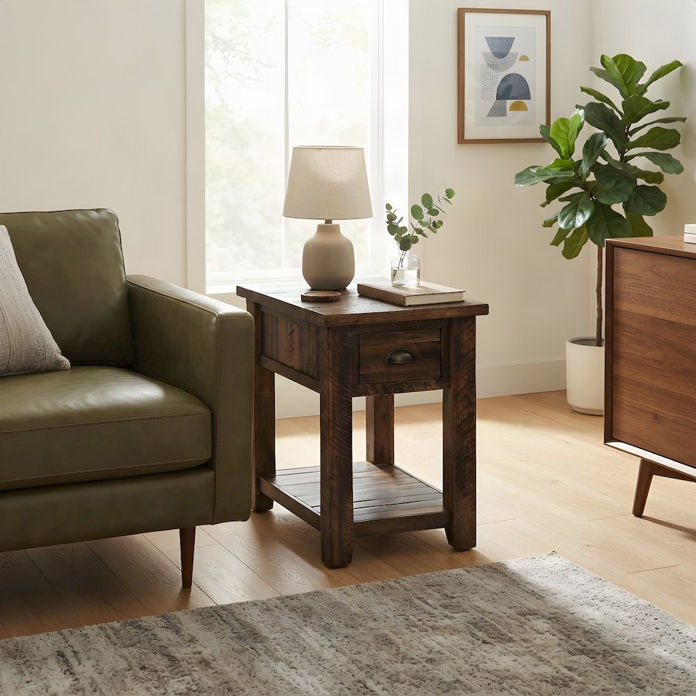 Solid Acacia Wood Distressed Farmhouse Chairside Table with Drawer, Dakota Oak