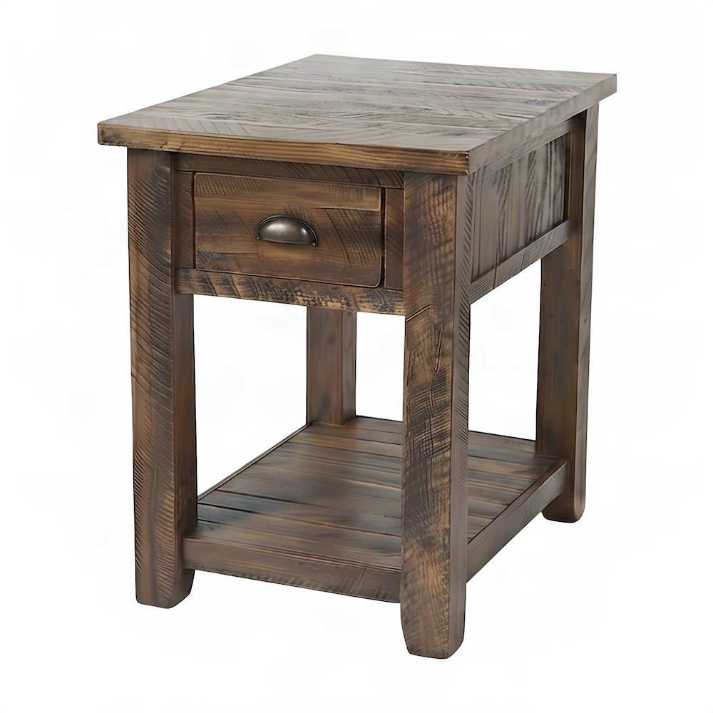 Solid Acacia Wood Distressed Farmhouse Chairside Table with Drawer, Dakota Oak