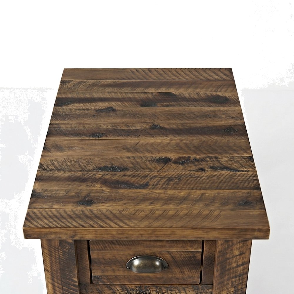 Solid Acacia Wood Distressed Farmhouse Chairside Table with Drawer, Dakota Oak