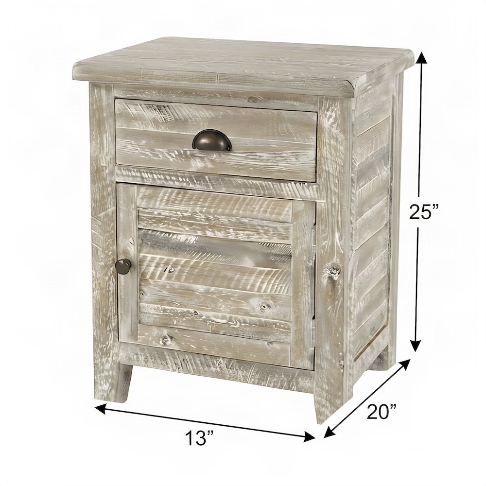 Rustic Farmhouse Solid Wood Small End Table with Door and Drawer, Washed Grey