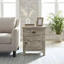 Rustic Farmhouse Solid Wood Small End Table with Door and Drawer, Washed Grey