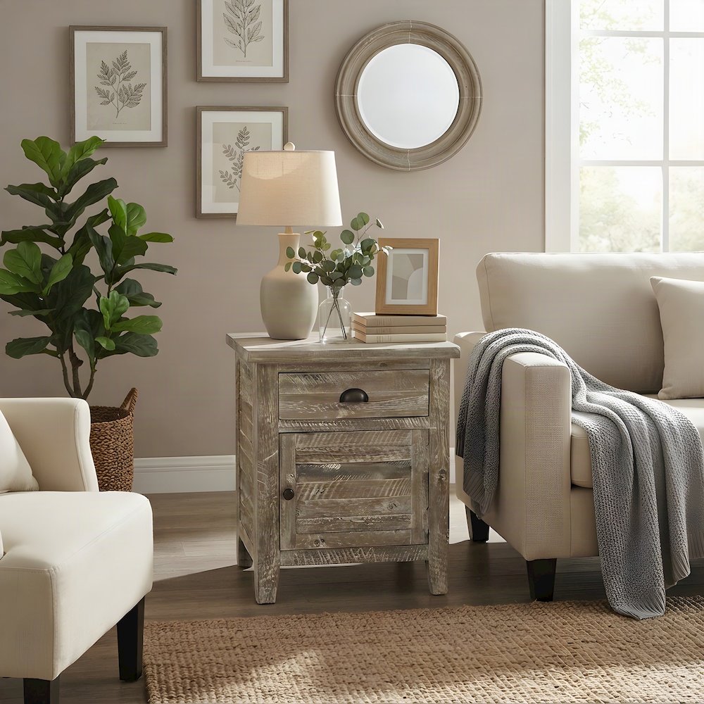Rustic Farmhouse Solid Wood Small End Table with Door and Drawer, Washed Grey